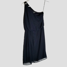 Adrianna Papell Dress Women's 2 One Shoulder Midnight Blue Chiffon Lined Bling