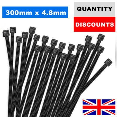 300 mm x 4,8 mm Kabelbinder Nylon Kunststoff stark strapazierfähig schwarz Zip Tie Wrap UK