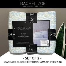 SET OF 2 New RACHEL ZOE Cotton Quilted Standard Shams White Blue Green Floral