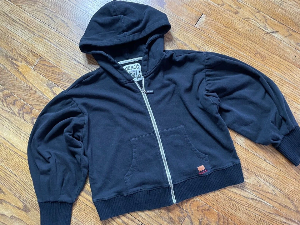 Peace Love World Puffy Sleeve Zip Black Cropped Hoodie Hooded Sweatshirt Large - Image 4 of 4