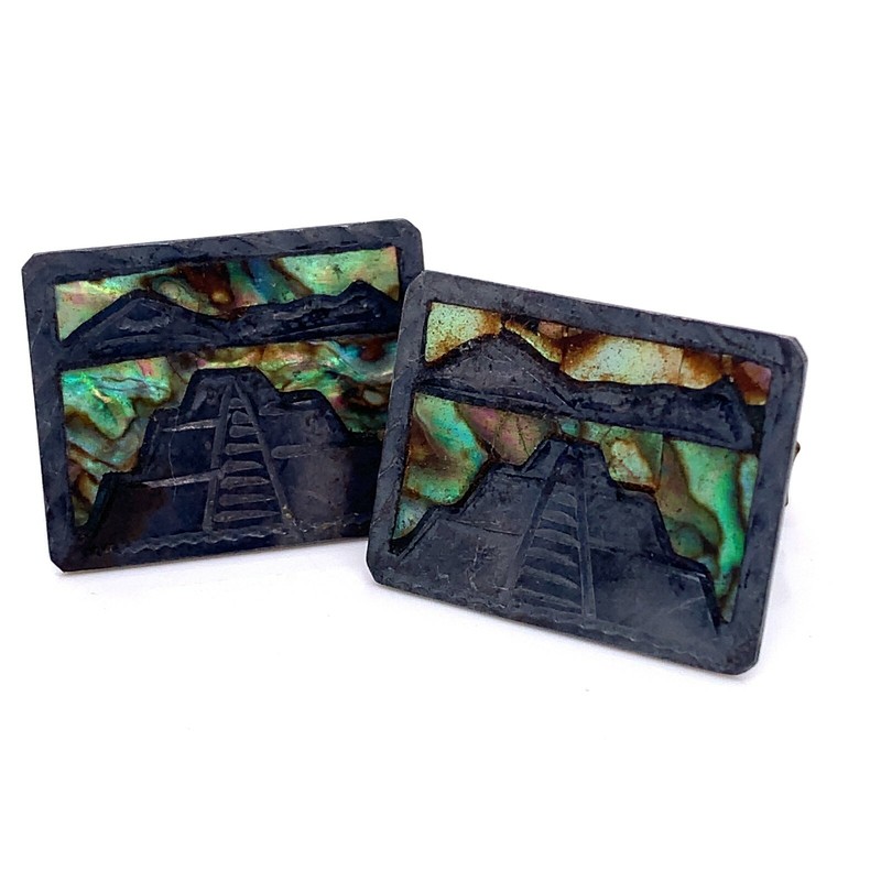 Vintage Taxco MR Sterling Silver Abalone Mayan Temple Cufflinks Mexico
