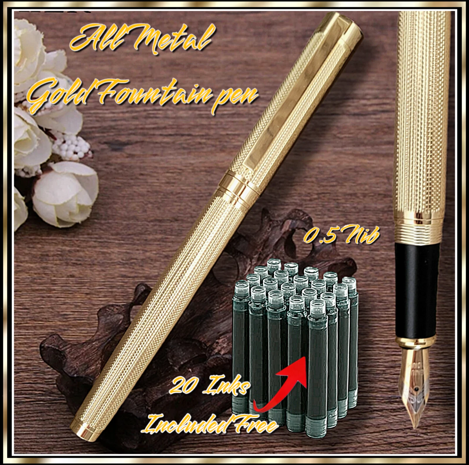 Stylo plume en or corps gravé fine plume 20 cartouches d'encre noire gratuites + SACHET CADEAU