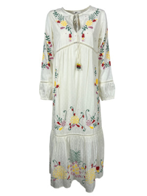 MD M Ivory Dress with Multicolor Embroidery Flounce Final 2.75.100.05 Cotton