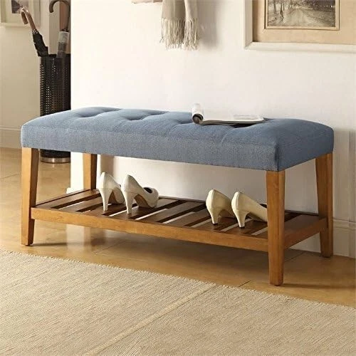 Acme Charla Wood and Fabric Bench in Blue and Oak, Wood - Image 2 of 4