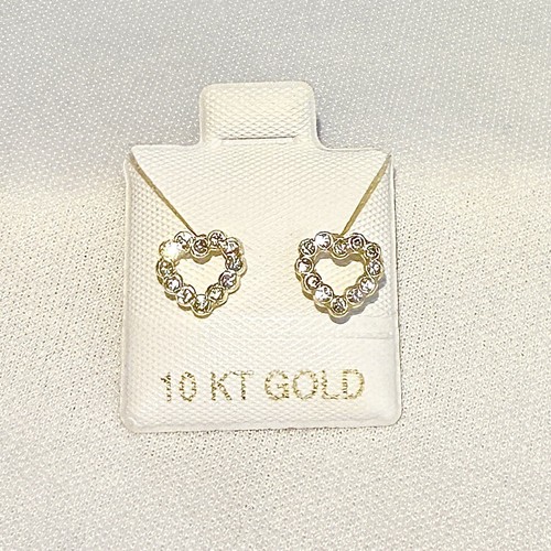 10k Solid Yellow Gold Stone Encrusted Heart Stud Dainty Delicate Earrings