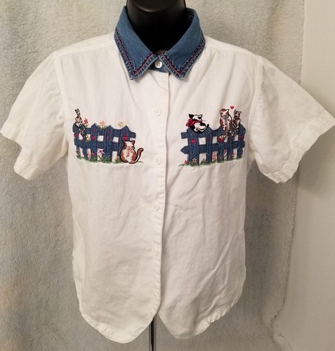 Bobbie Brooks Womens Shirt Top Blouse Size S Small 4/6 Cats Fence