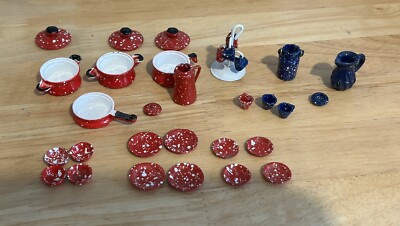 Miniature Dollhouse Cooking Ware Red Blue White (Enamel) Pots & Pans 1/12 Scale
