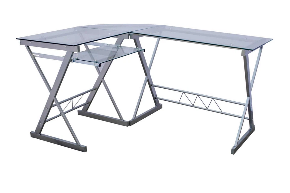 SCRIVANIA IN VETRO TEMPERATO ANGOLARE 4 PZ SET 2 PIANI + ANGOLO + PORTATASTIERA - Immagine 3 di 3