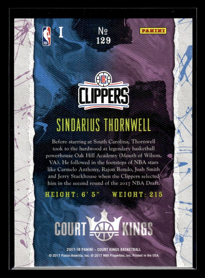 2017 Panini Court Kings #129 Sindarius Thornwell Level 1 I Rookie Mint+ New - Image 2 of 2