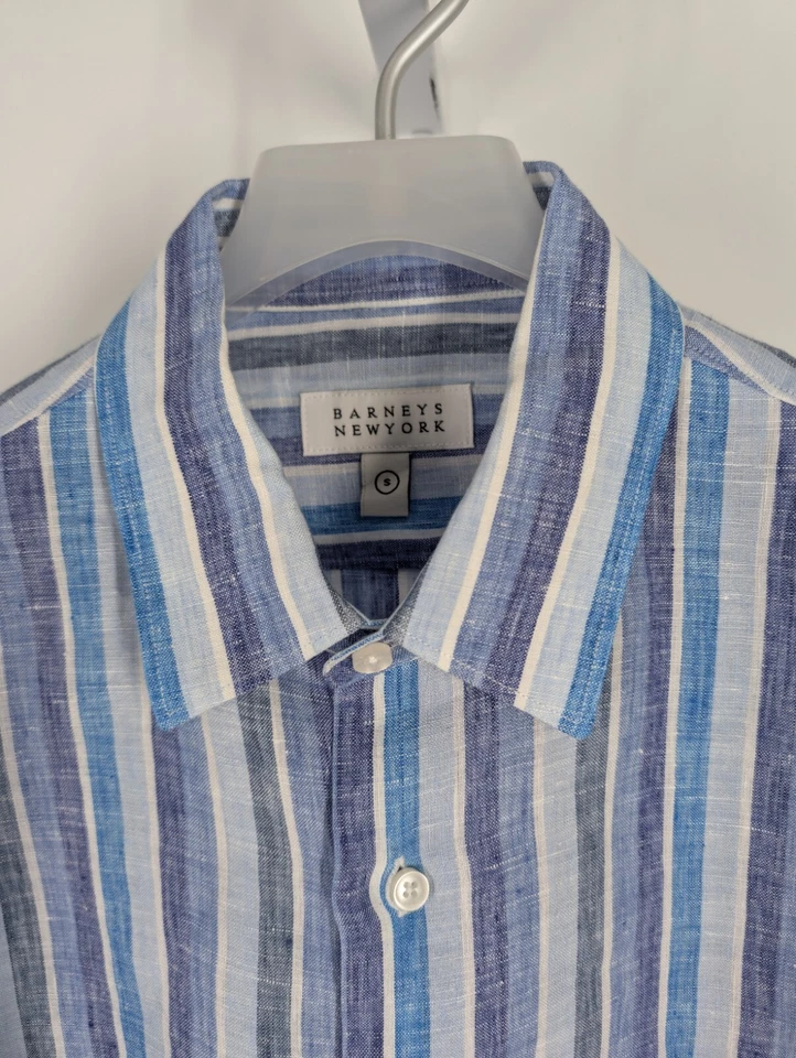 Camisa Barneys New York Azul Tinte Natural Lino Arte Rayas Pequeña De Colección Y2K Botón 38 Foto 2 de 4