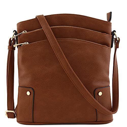 ALYSSA Triple Zip Pocket Large Crossbody Bag (Brown)    