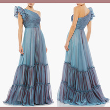 NEW 498 Mac Duggal 4 Ruffle A Line Organza One Shoulder Gown in Blue G1672