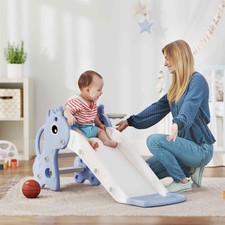 Kids Slide with Climber and Basketball Hoop, 3-in-1 Baby Slide, Blue