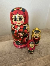 Russian Nesting Doll 3 Dolls Pink Red Floral Wood
