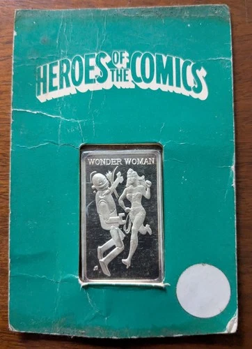 WONDER WOMAN, 1974 MEM-61V, PROOF, VINTAGE SILVER ART BAR, 1 oz .999 SILVER