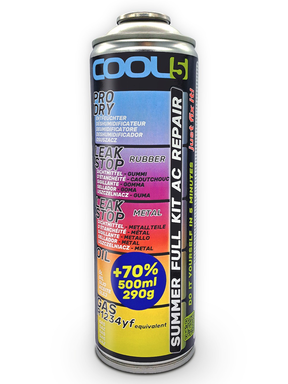 COOL5 R1234YF 5-in-1 Aircon Gas, Oil, LeakStop, ProDry Recharge 500ml- AC Refill