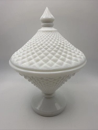 Vintage Westmoreland Milk Glass Diamond Quilt Covered Pedestal Dish WG Mark
