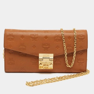 MCM Patricia Brown Logo Embossed Leather Wallet On Chain