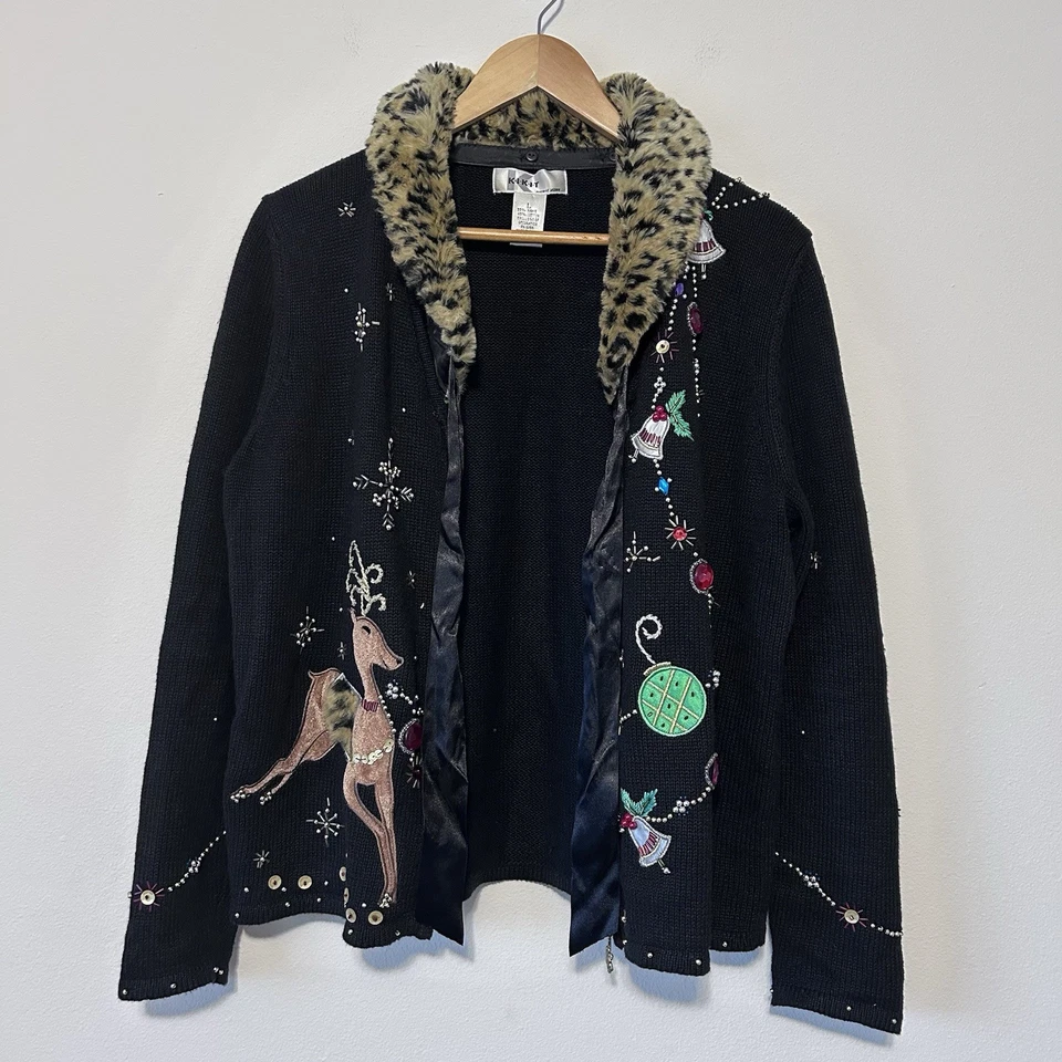 Suéter de Navidad XL Campanas de Reno Cremallera Cárdigan Adornado Cuello de Piel de Leopardo Foto 3 de 4