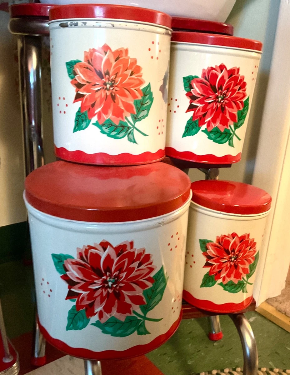 Vintage Tin Canister Set In Collectible Metal Kitchen Canisters