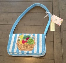 NEW Handcrafted India Beaded Vegetable Basket Shoulder Bag Blue White Purse