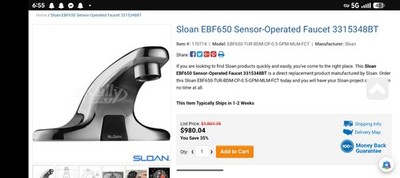 Sloan Optima Plus EBF650 Touchless sensor faucet. (missing controller)