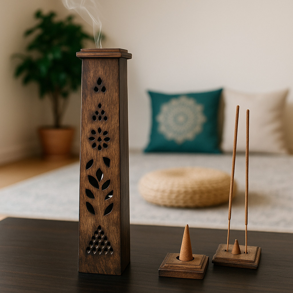 Wooden Incense Burner Tower | Handmade Holder for Sticks & Cones | Yoga