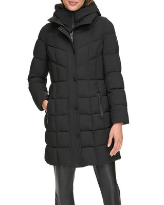 DKNY Long Puffer Padded Jacket Damen Wattierter Mantel Schwarz Stepp Puffer Mantel