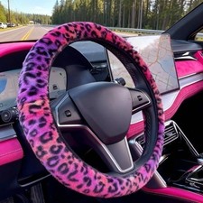 Fluffy Leopard Print Steering Wheel Cover Cute Girly Furry Color Pink Black Fluffy Leopard Print Steering Wheel Cover Cute Girly Furry Color Pink Black