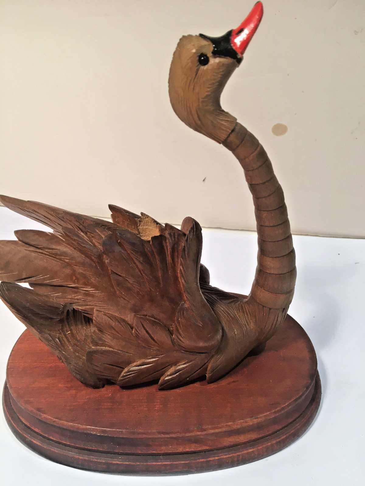 ANTIQUE BLACK FOREST SWISS WOOD CARVED ARTICULATED SWAN W/  EPERGNE BUD VASE