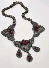 Victorian Revival Intricate Filigree Red Glass Teardrop Stone Bookchain Necklace