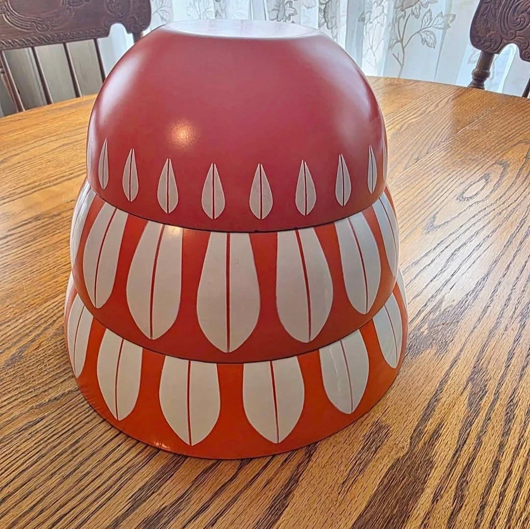 Vintage Cathrineholm Lotus Enamel Bowl Set Norway MCM Orange White Mid Century