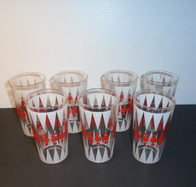 VTG Libbey Juice Cocktail Glasses Set of 7 Red Atomic Polka Dots 6-8 oz.  MCM
