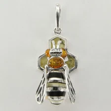 Multi-Color BALTIC AMBER Honey Bee Pendant 925 STERLING SILVER #3313e