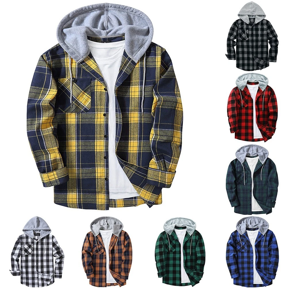 Casual Men's Plaid Drawstring Long Sleeve Hooded Shirts Button Cardigan