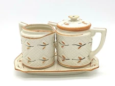 Vintage Japan 3 pc Set Cream Sugar Tray Leaf Pattern