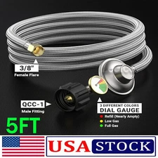 Stainless Braided Propane 5FT Hose Gas Grill Regulator Hose w/ Gauge, 3/8" Flare