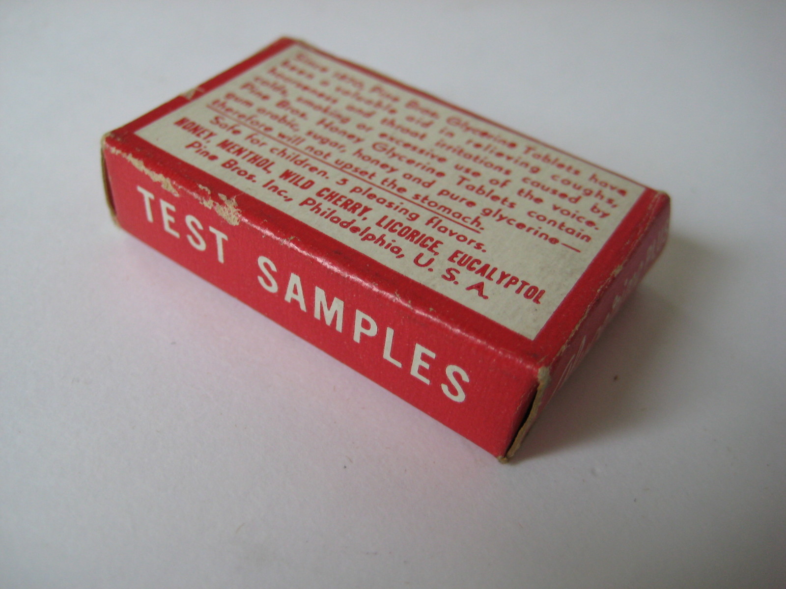 vintage Pine Bros Glycerine Tablets TEST SAMPLES BOX honey cough drops
