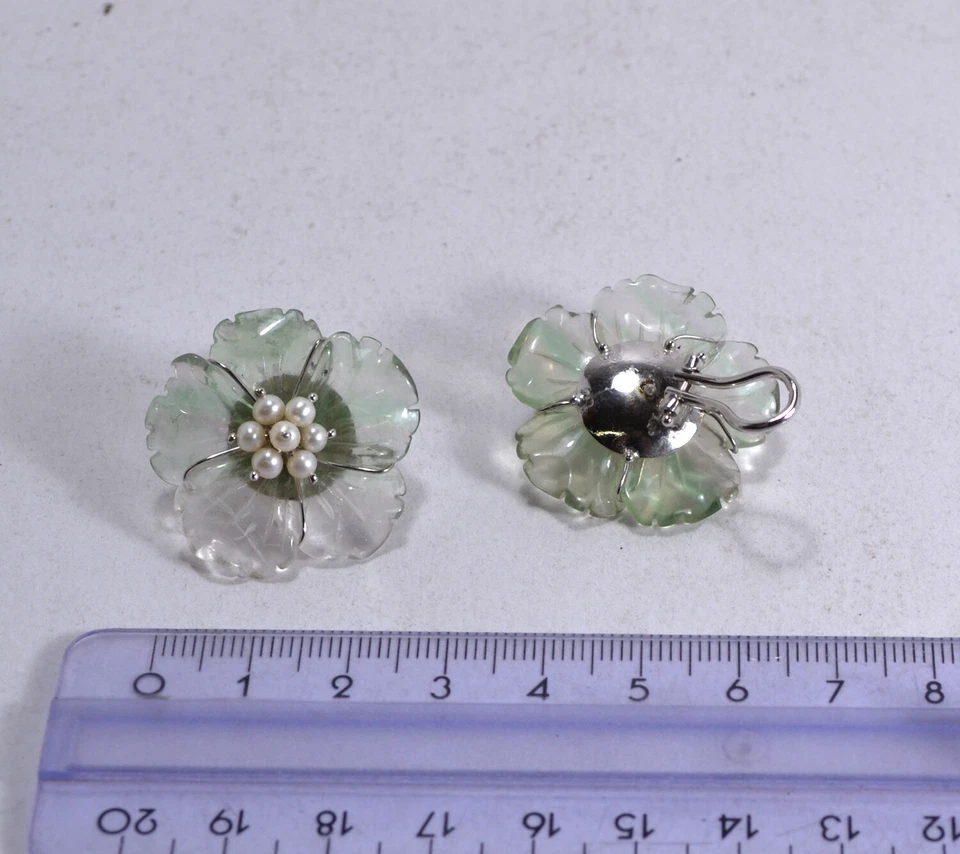 ORECCHINI ARGENTO 925 RODIATO PERLE FIORI FLUORITE CLIPS SENZA PERNO AGHT 0818 - Immagine 3 di 3