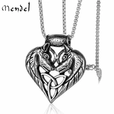 MENDEL Stainless Steel Celtic Love Trinity Knot Wolf Head Pendant Necklace Women