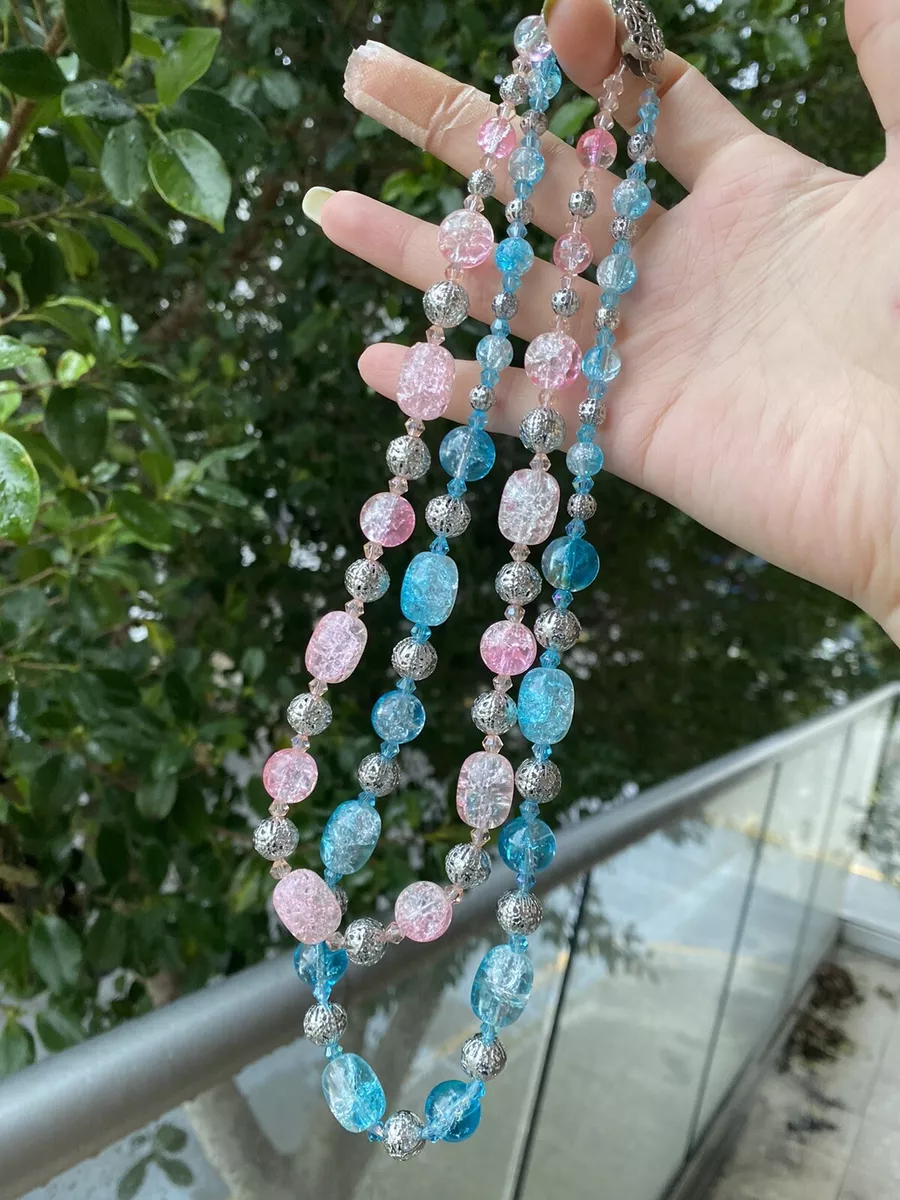 sale Vintage Glass Beads Necklace Two Strand Pink Blue 45cm