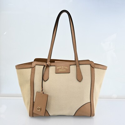 GUCCI Swing Tote Bag Canvas Leather Beige 354408 Auth