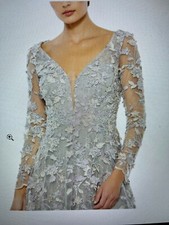 Mac Duggal Women's Applique Floral Long Sleeve Illusion Gown Platinum Size 10