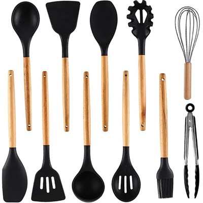 Silicone Cooking Utensils Set 11 Pcs black silicone cooking utensils set Non-...