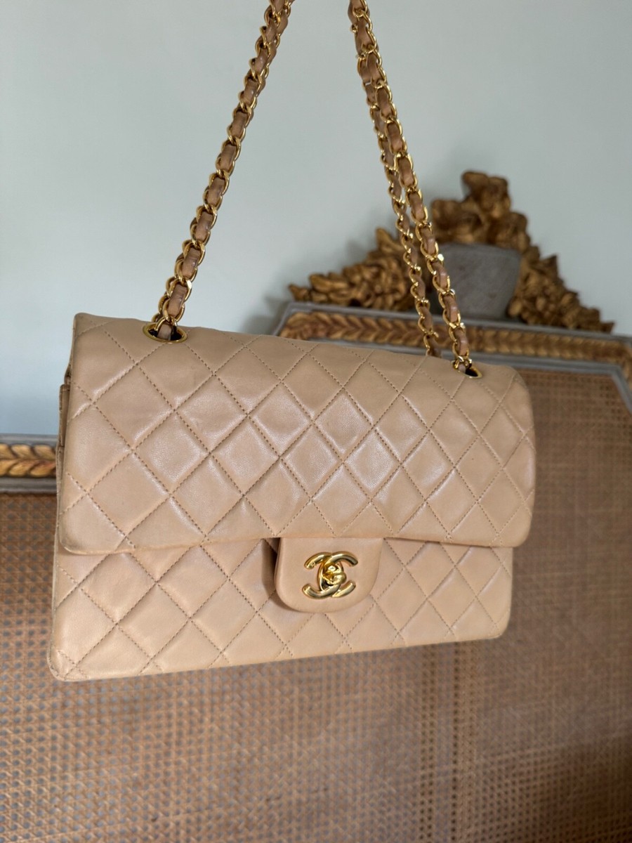 CHANEL BEIGE シャネル Chanel Beige Lambskin Vintage Classic Double Flap Medium Shoulder