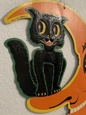 Vtg Beistle Co Embossed Black Cat On Moon Die Cut Made In USA