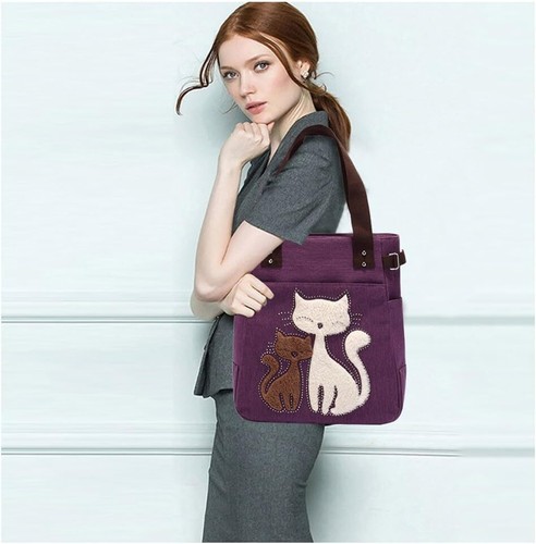 Canvas Tote Handbag for Women Cute Cat Embroidery Shoulder Purse Large Zipper Tr - Picture 9 of 11