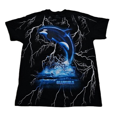 Seaworld Shamu Killer Whale Orca Lightning Graphics AOP Black T-Shirt Men Large