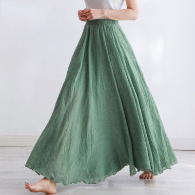 High Quality Cotton Maxi Skirt Casual Elastic High Waist Pleated A-Line  Skirts