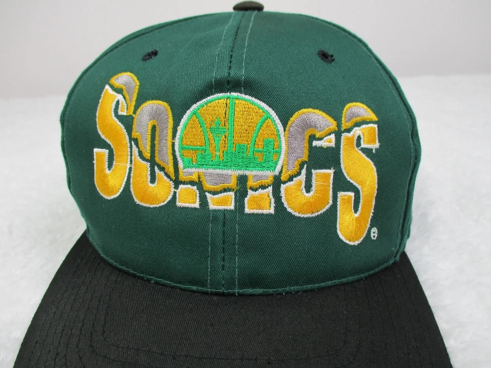 Gorra de colección Seattle Super Sonics Snapback NBA verde terremoto logotipo grande cabeza de bloque Foto 2 de 4